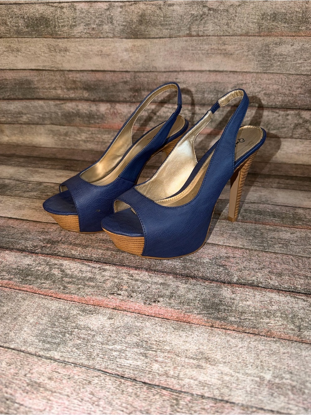 Qupid Navy Blue Peep-Toe Slingback Platform Heels with Wood-Look Platform